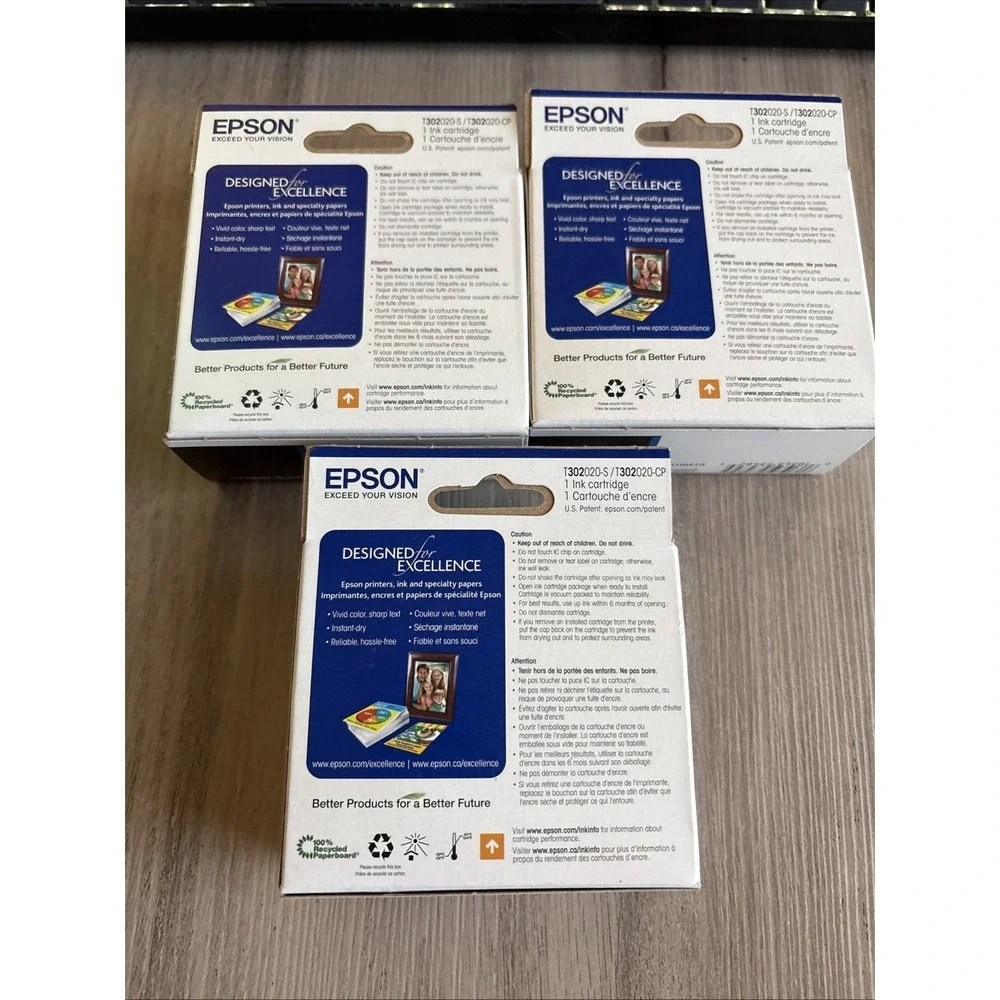 3 New EPSON 302 Claria Premium Ink Standard Capacity T302020-S Exp 3/2024